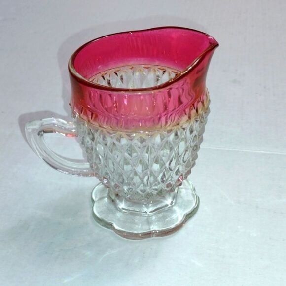 Vintage Indiana Glass Cranberry Rimmed Creamer Sugar Bowl & Underplate - Picture 5 of 10